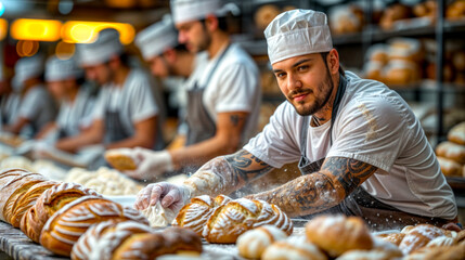 Group of men working in bakery making pastries and breads.