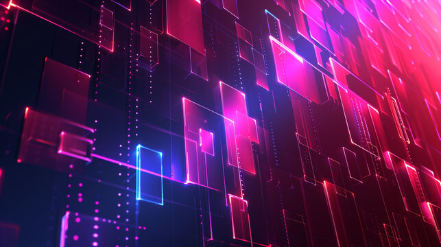Digital technology geometric curve abstract pink and blue neon square. Modern digital abstract 3D background. Blue and lilac blocks with neon lines and glowing background futuristic