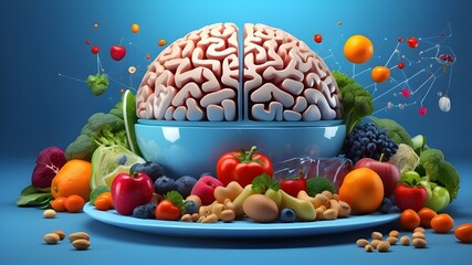 Brain nutrition in a futuristic blue design with nutritious food.