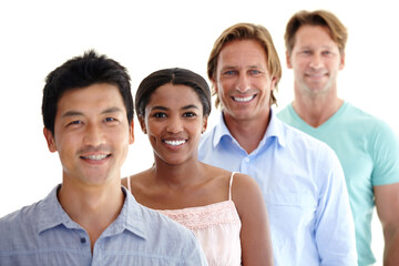 Wall Mural - Face, people or portrait of team with smile for community, diversity or population on white background. Collaboration, happy or partnership in creative career with staff, employees or workers