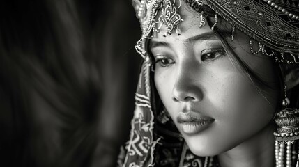 Artistic black and white portrait of a woman in traditional attire. AI generate illustration