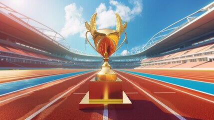 Illustration of a gold trophy with a laurel wreath sits on a pedestal in the middle of a stadium track.