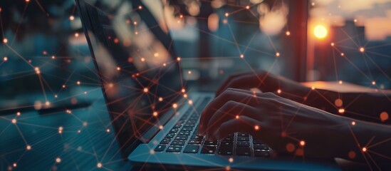 Poster - A close-up image of a persons hands typing on a laptop keyboard. The screen displays a digital representation of a glowing globe, symbolizing the vastness of the internet. The background is out of