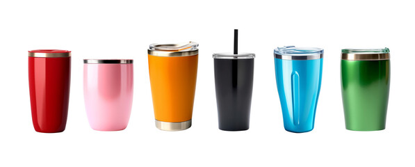 Set of stainless steel glass,cold cup or insulated tumbler bottle such as red,pink,orange,black,blue and green colours isolated on transparent background.