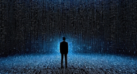 Poster - Lone figure illuminated by radiant lines of binary code in dark setting. Symbolizes intersection of humanity and digital world. Glowing streams of data surround person, technology and cybersecurity