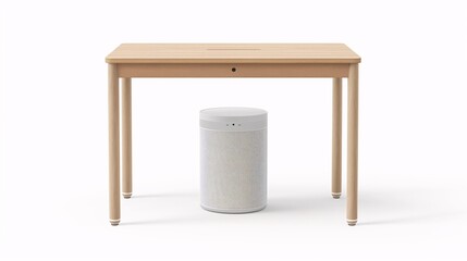 Modern wooden study table paired with a stylish cylindrical stool on a white background, perfect for home or office use.