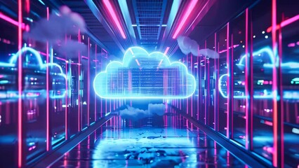 Poster - Blue abstract cloud data hologram. Cloud storage and computing concept.