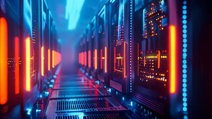 Poster - A row of computer servers in a data center. Concept of cyberspace, communication and technology.