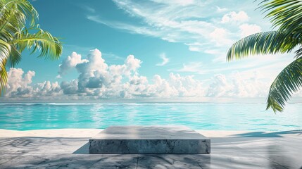 Wall Mural - Promotional poster banner template for summer sales, showcasing a sleek stone product display podium against a scenic beach background with palm trees and azure waters, creating an enticing visual