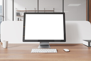 Poster - Modern coworking interior with pc computer on table with mockup display, window