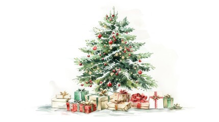 Sticker - a beautifully adorned christmas tree surrounded by carefully wrapped gifts set against a pure white 