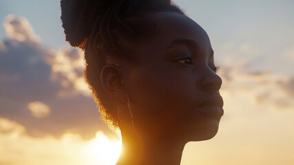 Wall Mural - surreal minimal style, a girl african close up, floating on a pyramid, Sunset