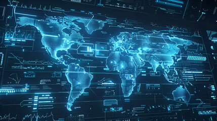 A computer screen displaying a detailed world map with borders and geographical features, Global map showing real time cyber attacks