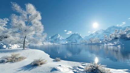 Poster - Cold winter scene with snowy landscape and clear blue sky