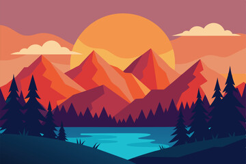 Wall Mural - Beautiful vector landscape illustration, peaceful warm sunrise over mountains, lake and forest. The concept of travel, hiking, outdoor activities and adventure vector illustration