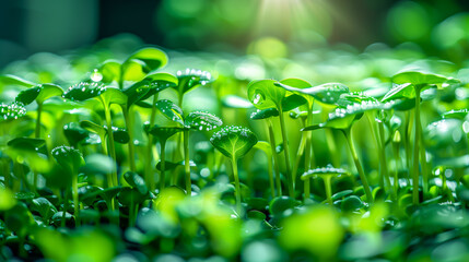 Wall Mural - Macro shot of young microgreens sprouts in sunlight. Close-up of tiny plants with bokeh background. Springtime growth and nature concept