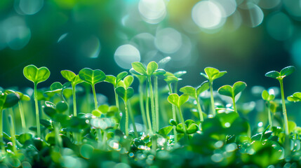 Wall Mural - Macro shot of young microgreens sprouts in sunlight. Close-up of tiny plants with bokeh background. Springtime growth and nature concept