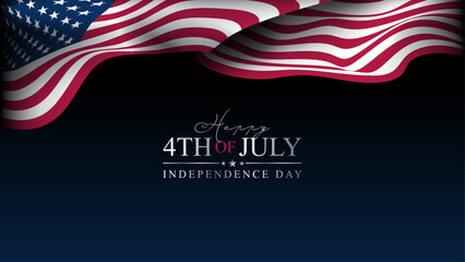 4th of July Independence day of United States, dark blue background with draped folded flag header, greeting card design