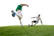 © Lustre Art Group  - Two soccer players, one in white and one in green, fiercely compete for ball on green lash playground against white background. Concept of professional sport, championship, final match, movement. Ad