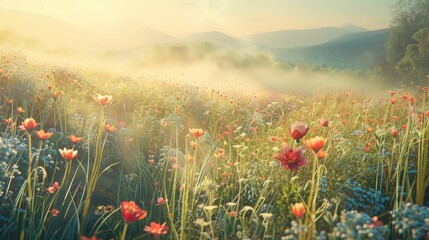 Wall Mural - Field full of blooming flowers on a spring morning