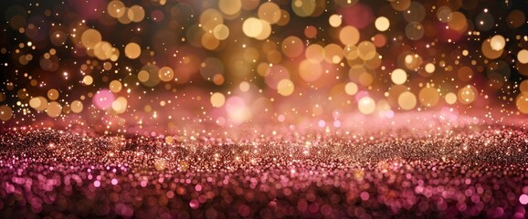 Canvas Print - A Pink And Golden Glitter Bokeh Background Banner Shines With Festive Joy And Glamorous Sparkle