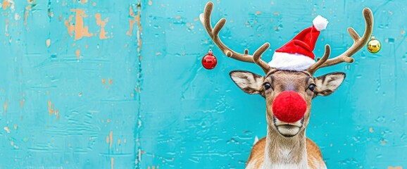 Canvas Print - A Reindeer With A Red Nose And Santa Hat Stands Out Against A Vibrant Turquoise Blue Wall, Bringing Festive Cheer To The Scene