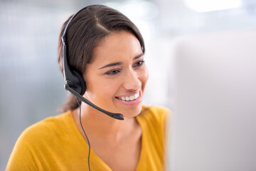 Poster - Headphones, telemarketing and woman with call center, customer service and internet in a workplace. Technical support, office or insurance consultant with headset and help desk for advice or guidance