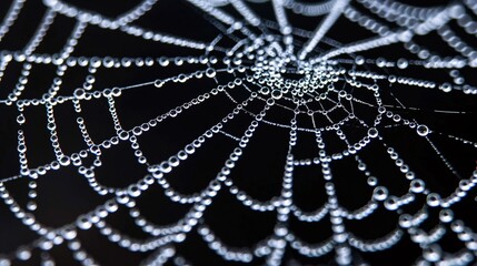 Macro shot of a spider web glistening with morning dew, captured with focus stacking to show the intricate weave and water droplets in ultra-high detail
