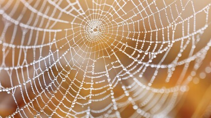 Macro shot of a spider web glistening with morning dew, captured with focus stacking to show the intricate weave and water droplets in ultra-high detail