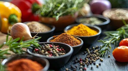 Poster - A variety of spices and fresh vegetables are laid out on a kitchen table, including small bowls of spices, bell peppers, tomatoes, onions, and fresh herbs. Generative AI