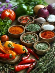 Poster - A variety of spices and fresh vegetables are arranged on a wooden kitchen table, ready for cooking. Generative AI