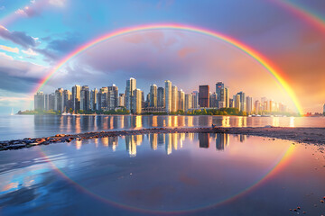 Wall Mural - A vibrant rainbow arching across the sky, symbolizing beauty, hope, and diversity, creating a stunning and uplifting natural spectacle