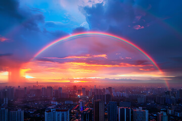 Wall Mural - A vibrant rainbow arching across the sky, symbolizing beauty, hope, and diversity, creating a stunning and uplifting natural spectacle