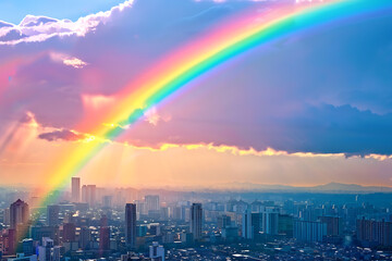 Wall Mural - A vibrant rainbow arching across the sky, symbolizing beauty, hope, and diversity, creating a stunning and uplifting natural spectacle