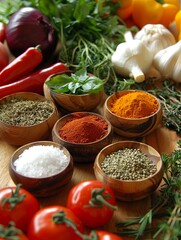 Poster - A variety of spices and fresh vegetables arranged on a kitchen table. Generative AI