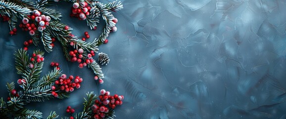 Canvas Print - A Christmas Day Concept Captured In A Top View Vertical Photo Of A Pine Branch In Hoarfrost, Decorated With Holiday Flair