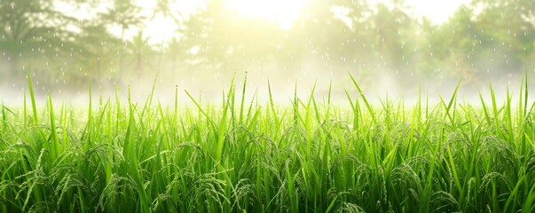 Green rice field in the early morning light, dew glistening on the leaves, a soft mist adding a sense of calm and freshness, isolated on a white background with copy space for text