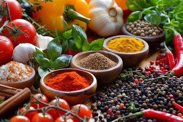 Poster - A variety of spices and fresh vegetables, including bell peppers, tomatoes, onions, and fresh herbs, are laid out on a kitchen table. Generative AI