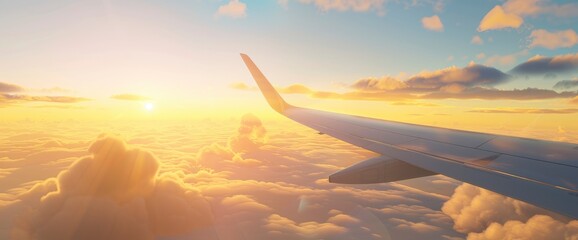 Wall Mural - A Close-Up Of An Airplane Wing Flying At Sunrise, Symbolizing New Journeys And The Beauty Of Early Morning Skies