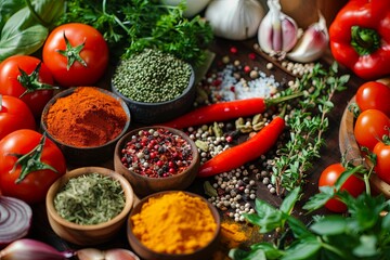 Aufkleber - A variety of spices and fresh vegetables, including bell peppers, tomatoes, and onions, are arranged on a rustic kitchen table. Generative AI