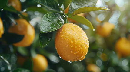 Wall Mural - Close-up of a lemon on a tree branch with water droplets, highlighting the natural freshness and growth of the fruit.