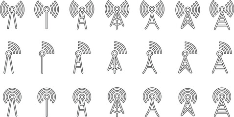 Poster - Set of Wireless cellular, cell signal, radio network antenna line art icons editable stock. Tower designs. Telecommunication data network sign. Transmitter receiver isolated on transparent background.