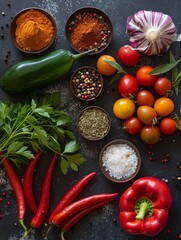 Aufkleber - A flat lay of fresh spices and vegetables arranged on a kitchen table. There are various spices in bowls, fresh tomatoes, peppers, and herbs. Generative AI