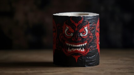 cup of coffee Product photography, stock image, gothic demon oni yokai vampire brand, black and red, soiled toilet paper roll stained with coffee