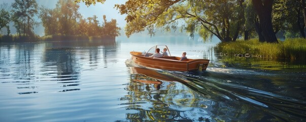 Wall Mural - Family enjoying a boat ride on a serene lake, reflections of trees in the water, 4K hyperrealistic photo.