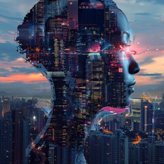 Sticker - Futuristic cyber cityscape portrait, blending futuristic cityscapes and cybernetic elements, hyperrealistic 4K photo.