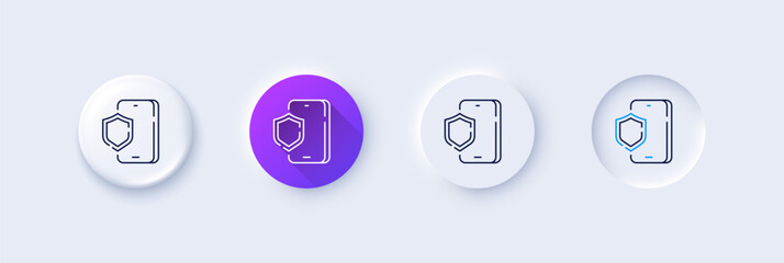 Poster - Phone protection line icon. Neumorphic, Purple gradient, 3d pin buttons. Smartphone or Cellphone antivirus sign. Mobile accessories symbol. Line icons. Neumorphic buttons with outline signs. Vector