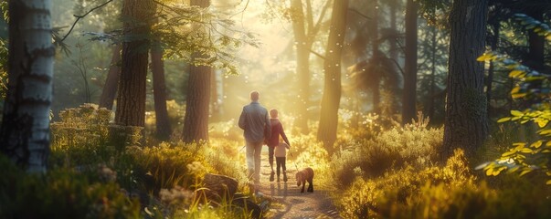 Family walking along a forest trail, sunlight filtering through trees, 4K hyperrealistic photo.