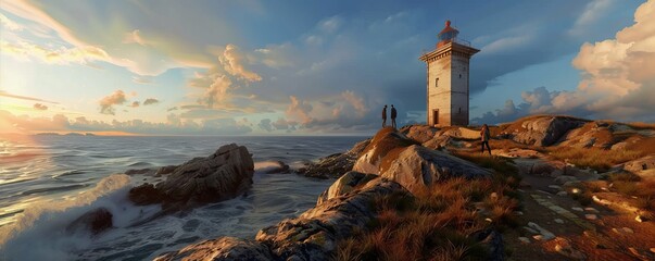 Wall Mural - Friends exploring a historic lighthouse by the sea, panoramic views, 4K hyperrealistic photo.
