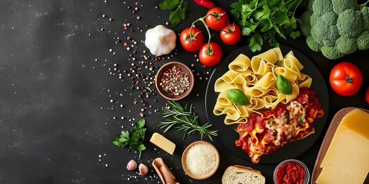 Raw ingredients and products for pasta and lasagna backdrop. Top view and flat lay of vegetables, herbs and ready lasagna meal on a black concrete stone, Generative AI